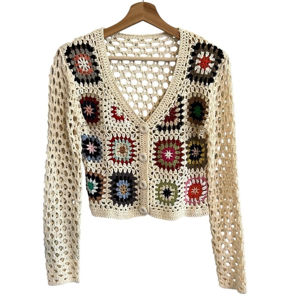 Boho Grandma Crochet Patchwork Knit Cardigan Sweater Size S Cottage Festival